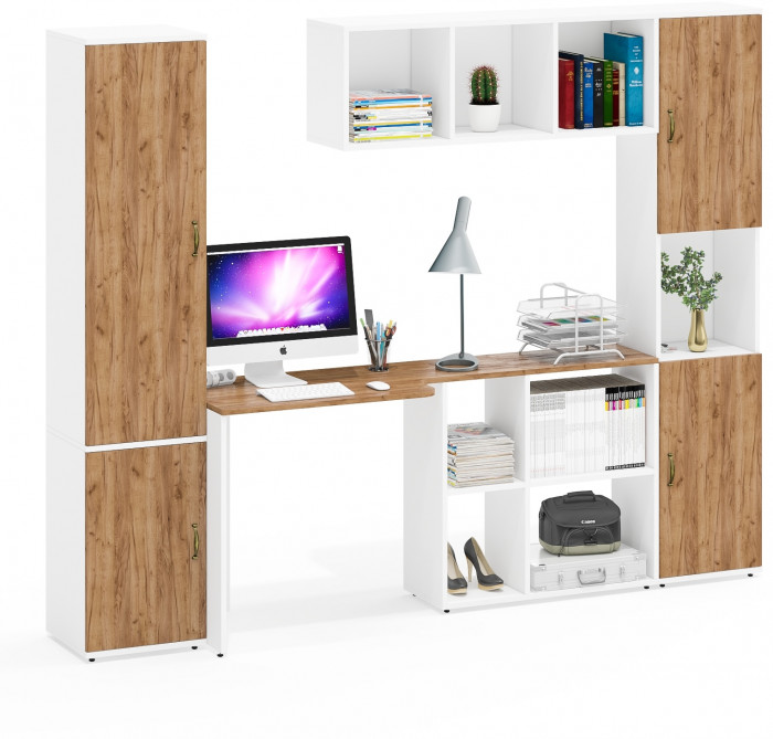 Лидер-8 Пенал МД 21Б + Стол + Полка + Пенал, цвет белый шагрень/крафт золото, ШхГхВ 245х50х75/190 или 155х120/50х75/190 см., НЕ универсальная сборка