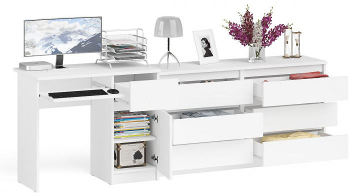 Мори компьютерный стол МС-1 правый + Комод МК1380.6, белый