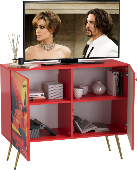 Кармин Комод-тумба 16.230.03, цвет красный/белый, ШхГхВ 115,3х42,6х93,2 см., фасады с рисунком Бразильские домики, две дверки