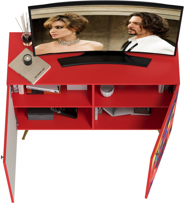 Кармин Комод-тумба 16.230.03, цвет красный/белый, ШхГхВ 115,3х42,6х93,2 см., фасады с рисунком Бразильские домики, две дверки