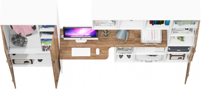 Лидер-8 Шкаф МД 20Б + Стол + Полка + Пенал, белый шагрень/крафт золото