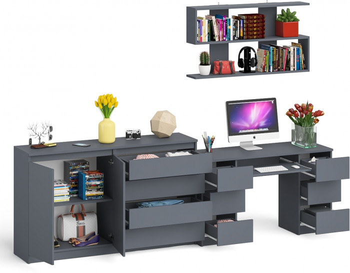 Мори компьютерный стол МС-2 + Комод МК1600.1 + Полка 1200, графит
