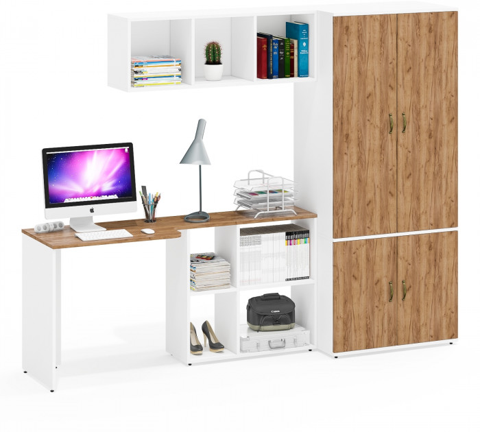 Лидер-8 Стол + Полка + Шкаф МД 19Б, цвет белый шагрень/крафт золото, ШхГхВ 245х50х75/190 или 115х160/50х75/190 см., НЕ универсальная сборка