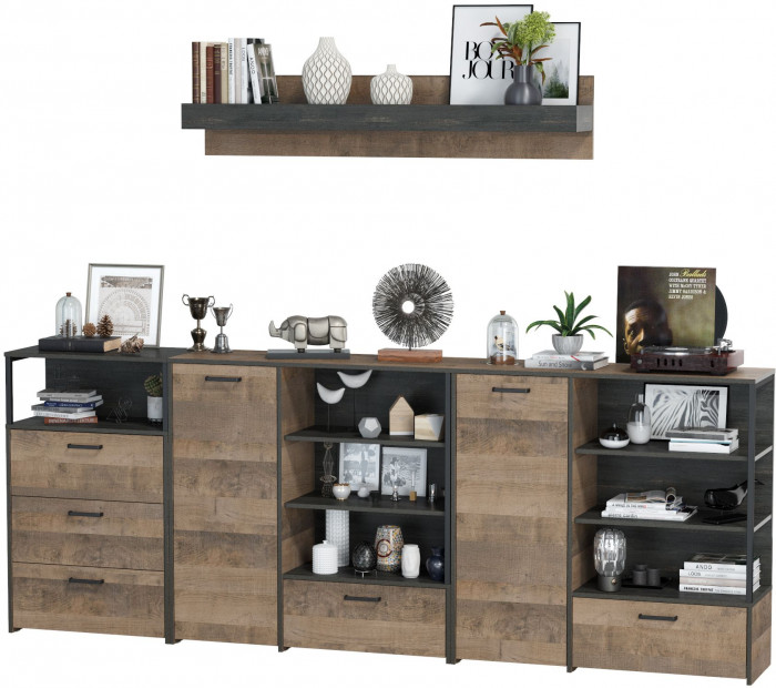 Трувор Гостиная 005, цвет дуб гранж песочный/интра, ШхГхВ 284х37х195 см., универсальная сборка