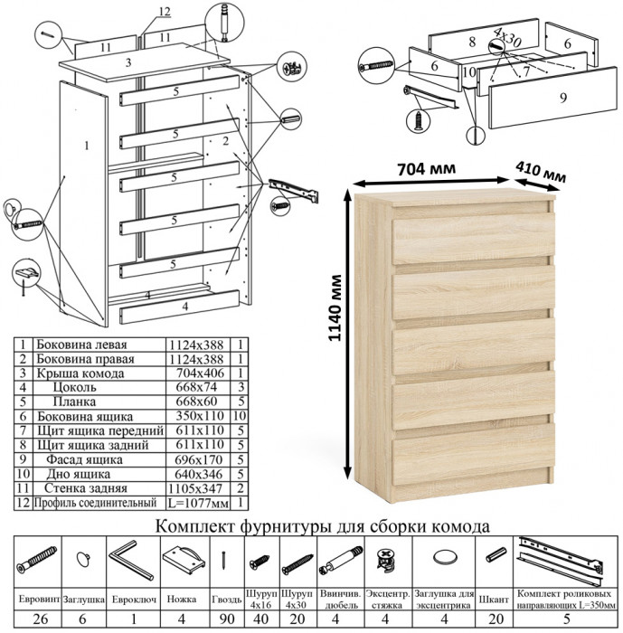 Мори Стол письменный МСП1200.1 + Комод МК700.5, цвет дуб сонома, ШхГхВ 190,8х50х114 см., универсальная сборка