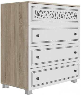 Стиль МАДЛЕН Комод (Дуб Сонома светлый/Ясень белый Эмаль/Серебро)