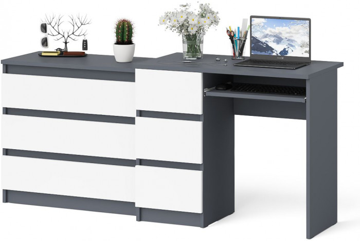 Мори компьютерный стол МС-6 левый + Комод МК800.1, графит/белый