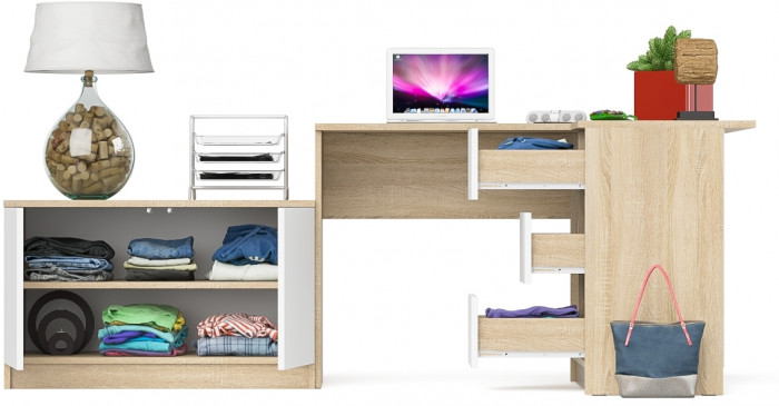 Мори Стол компьютерный МС-16 правый + Тумба МА900.1, цвет дуб сонома/белый, ШхГхВ 214,8х84,9х76,6 см., выдвижные ящики справа, НЕ универс. сборка