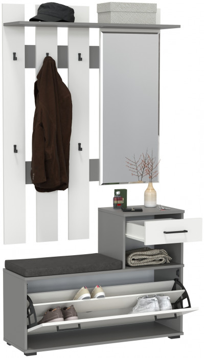 Лира ГК Прихожая 1 2-0714+2-3814 Тумба под обувь + Вешалка с зеркалом, графит/белый