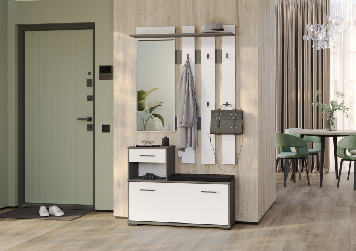 Лира ГК Прихожая 1 2-0714+2-3814 Тумба под обувь + Вешалка с зеркалом, графит/белый