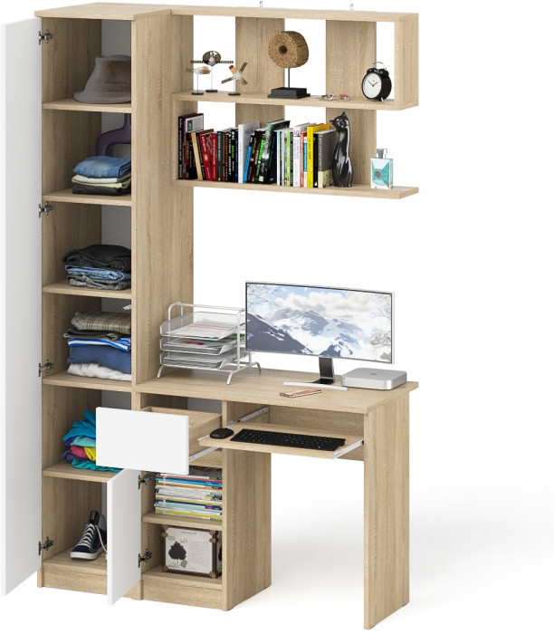Мори Стол компьютерный МС-1 левый + Пенал МШ400.1 + Полка 900, цвет дуб сонома/белый, ШхГхВ 130,4х50,4х209,6 см., НЕ универсальная сборка