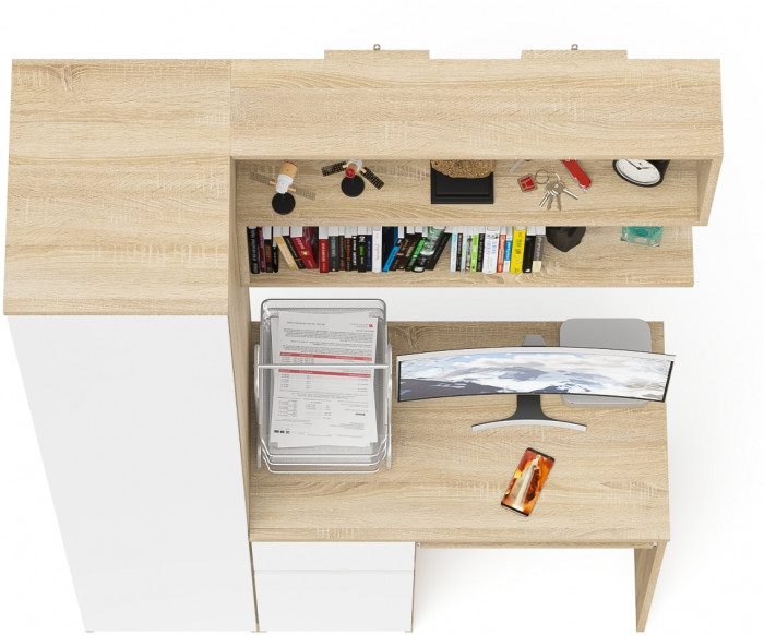 Мори Стол компьютерный МС-1 левый + Пенал МШ400.1 + Полка 900, цвет дуб сонома/белый, ШхГхВ 130,4х50,4х209,6 см., НЕ универсальная сборка