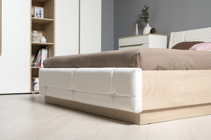 Муссон Спальня № 04, цвет белый/дуб эндгрейн элегантный/искусственная кожа белая, подъёмный ортопед, сп. м. 1600х2000 мм., б/м