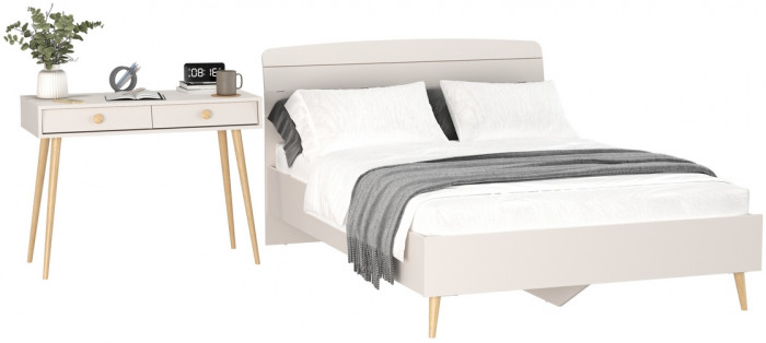 Афина Спальня Кровать 1400 + Стол, цвет кашемир серый, ШхГхВ 144,6х210,2х95,7 + 100х45х76 см., сп.м. 1400х2000 мм., б/м, основание есть