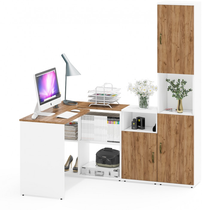 Лидер-8 Стол + Тумба МД 3.19 + Пенал, цвет белый шагрень/крафт золото, ШхГхВ 245х50/30х75/190 см. или 115х50/160х75/190 см., НЕ универсальная сборка