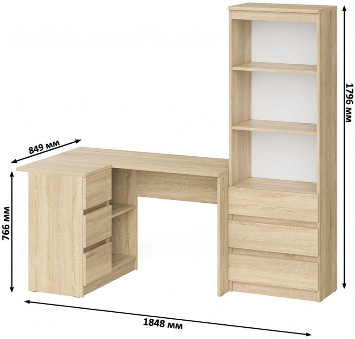 Мори Стол компьютерный МС-16 левый + Стеллаж МСТ600.3, цвет дуб сонома, ШхГхВ 184,8х84,9х179,6 см., выдвижные ящики слева, НЕ универсальная сборка