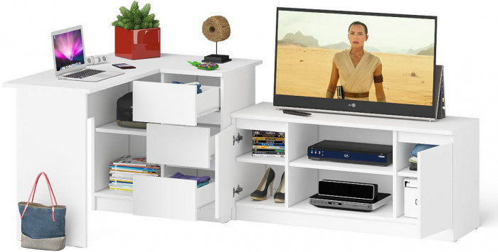 Мори Стол компьютерный МС-16 правый + Тумба МТВ1200.1, цвет белый, ШхГхВ 244,8х84,9х76,6 см., выдвижные ящики справа, НЕ универсальная сборка