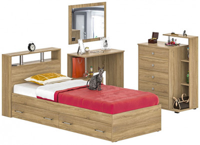 Камелия спальня № 14 Кровать с ящиками 900 + Стол косметический + Зеркало + Комод, цвет дуб сонома, сп.м. 900х2000 мм., б/м, основание есть