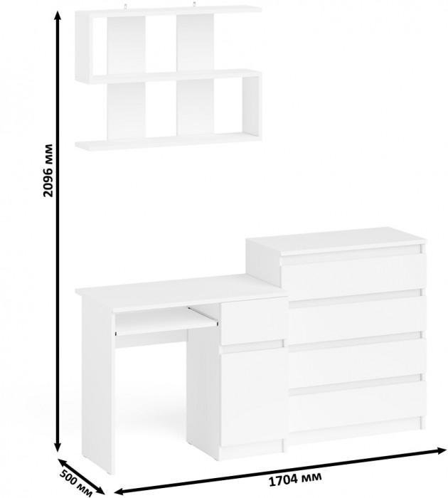Мори Стол компьютерный МС-1 правый + Комод МК800.4 + Полка 900, цвет белый, ШхГхВ 170,4х50х209,6 см., НЕ универсальная сборка