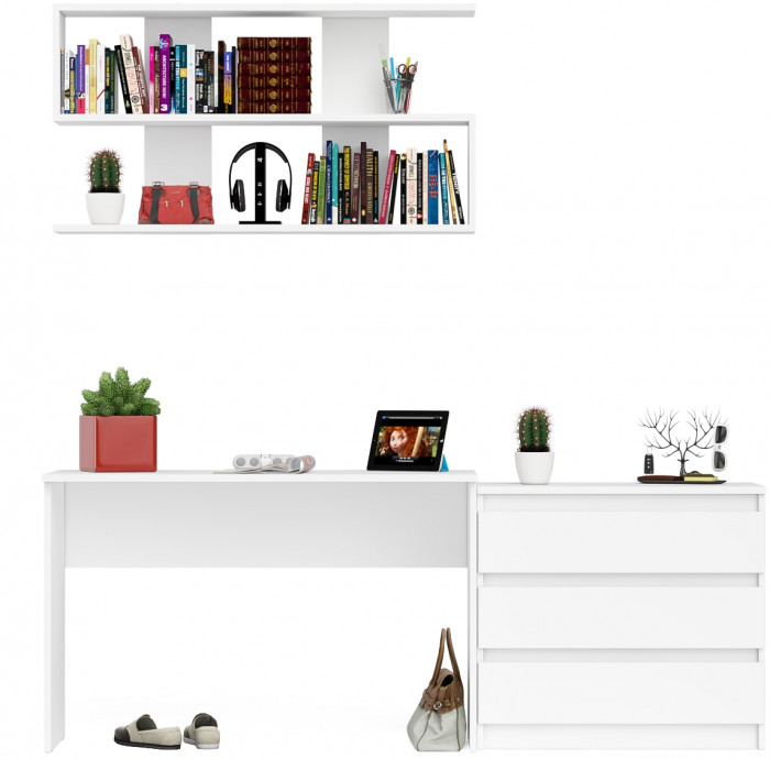 Мори Стол письменный МСП1200.1 + Комод МК800.1 + Полка 1200, цвет белый, ШхГхВ 200,8х50х209,6 см., универсальная сборка