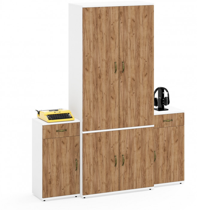 Лидер-8 Шкаф МД 20Б + Тумба МД 3.15 + Тумба МД 3.15, белый шагрень/крафт золото