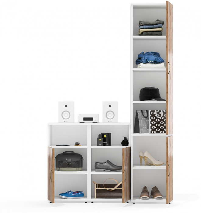 Лидер-8 Пенал МД 22Б + Тумба МД 3.19 + Тумба МД 3.19, цвет белый шагрень/крафт золото, ШхГхВ 120х37,5х190 см., универсальная сборка