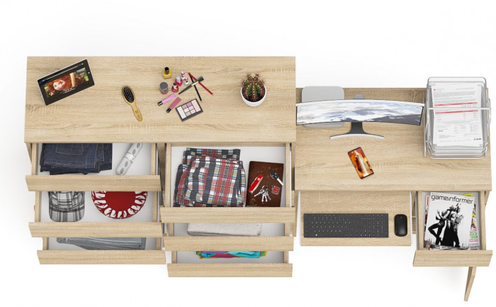 Мори Стол компьютерный МС-1 правый + Комод МК1200.10, цвет дуб сонома, ШхГхВ 210,4х50х115 см., выдвижной ящик справа, НЕ универсальная сборка