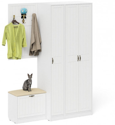 Прихожая П-6 Компоновка № 47, цвет белая шагрень/фасады МДФ белое дерево фрезеровка прованс, ШхГхВ 150х50х210 см., универсальная сборка