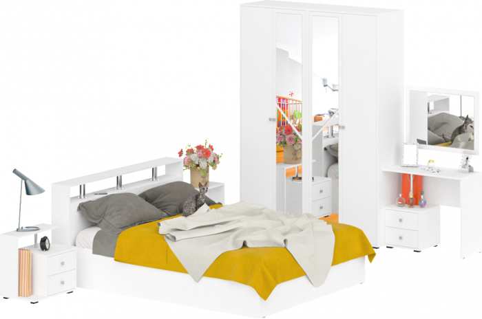 Камелия спальня № 2 Кровать 1600 + Две тумбы + Стол косметич. + Зеркало + Шкаф 4-х, цвет белый, сп.м. 1600х2000 мм., б/м, осн. есть