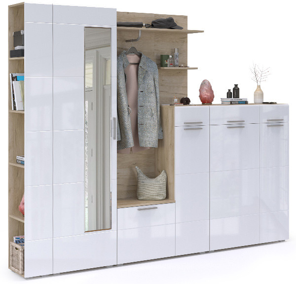 Лайн Прихожая № 11, цвет дуб крафт серый/фасады МДФ белый глянец, ШхГхВ 256,8х35,1х210 см., НЕ универсальная сборка