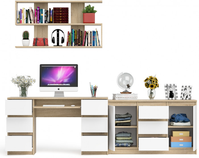 Мори компьютерный стол МС-2 + Комод МК1200.3 + Полка 1200, дуб сонома/белый