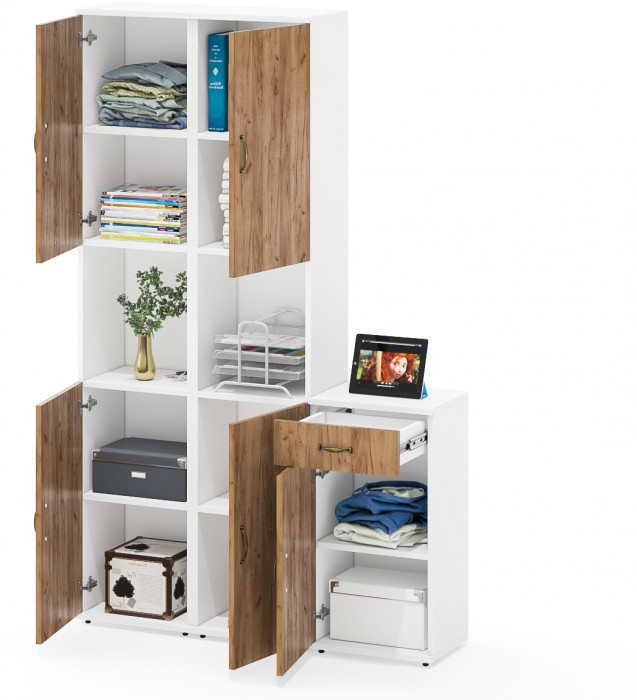 Лидер-8 Пенал + Пенал + Тумба МД 3.15, цвет белый шагрень/крафт золото, ШхГхВ 120х30х190 см., универсальная сборка