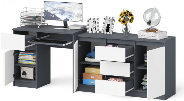Мори компьютерный стол МС-1 левый + Комод МК1200.3, графит/белый