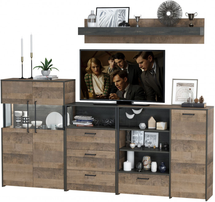 Трувор Гостиная 010, цвет дуб гранж песочный/интра, ШхГхВ 260,8х37х195 см., универсальная сборка