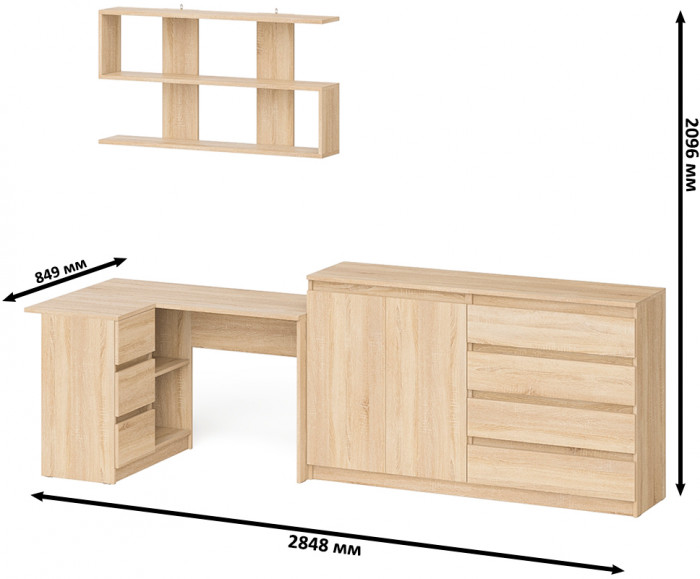 Мори компьютерный стол МС-16 левый + Комод МК1600.1 + Полка 1200, дуб сонома