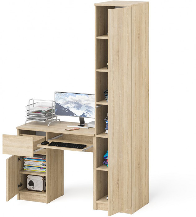 Мори Стол компьютерный МС-1 левый + Пенал МШ400.1, цвет дуб сонома, ШхГхВ 130,4х50,4х209,6 см., выдвижной ящик слева, НЕ универсальная сборка