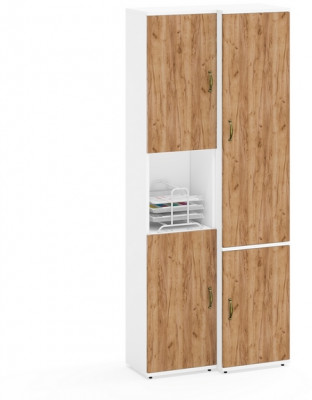 Лидер-8 Модуль Пенал + Пенал МД 22Б, цвет белый шагрень/крафт золото, ШхГхВ 80х37,5х190 см., универсальная сборка