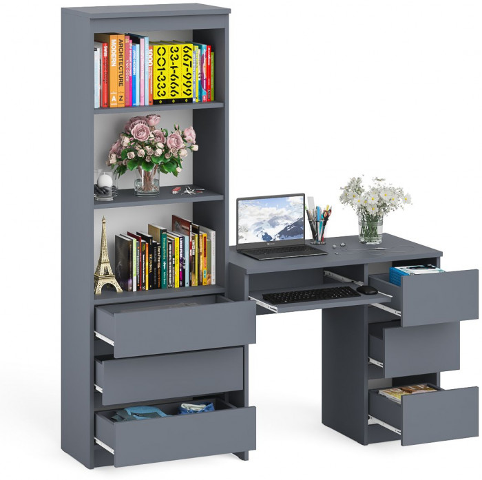 Мори компьютерный стол МС-6 правый + Стеллаж МСТ600.3, графит
