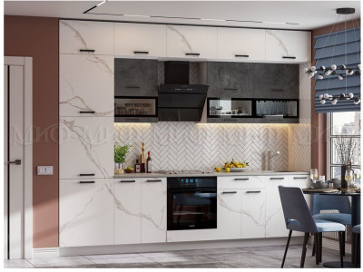 Кухня МДФ Техно 3,0 Компоновка №2 Мрамор белый / Бетон графит (Мрамор белый / Бетон графит, Белый)