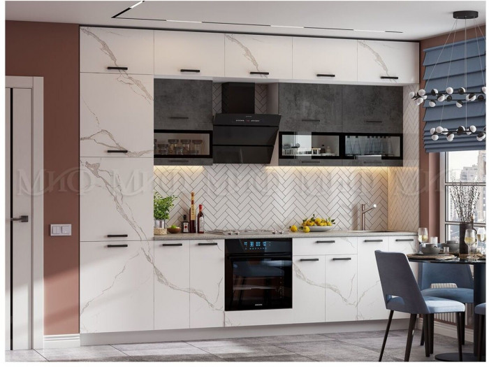 Кухня МДФ Техно 3,0 Компоновка №2 Мрамор белый / Бетон графит (Мрамор белый / Бетон графит, Белый)