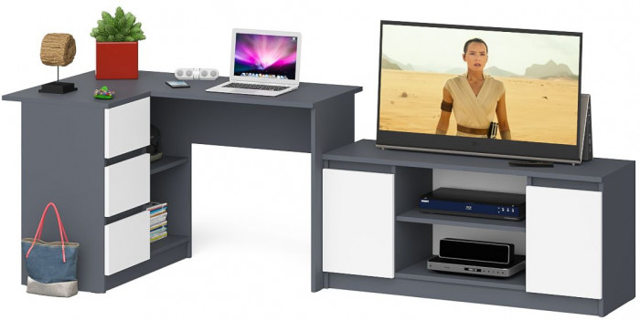 Мори компьютерный стол МС-16 левый + Тумба МТВ1200.1, графит/белый