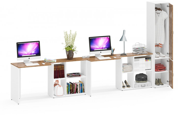 Лидер-8 Стол + Стол + Пенал МД 21Б, цвет белый шагрень/крафт золото, ШхГхВ 370х50/37,5х75/190 или 230х120/50х75/190 см., НЕ универсальная сборка