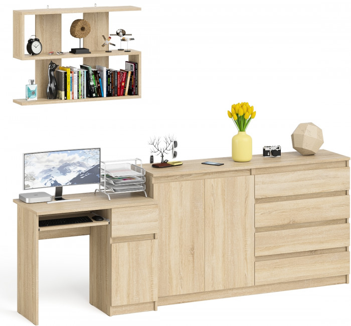 Мори компьютерный стол МС-1 правый + Комод МК1600.1 + Полка 900, дуб сонома