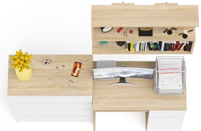 Мори Стол компьютерный МС-1 правый + Комод МК800.4 + Полка 900, цвет дуб сонома/белый, ШхГхВ 170,4х50х209,6 см., НЕ универсальная сборка