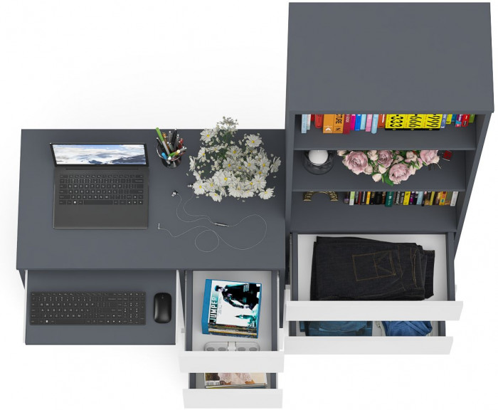 Мори компьютерный стол МС-6 правый + Стеллаж МСТ600.3, графит/белый