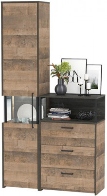 Трувор 13.205 Шкаф-пенал с витриной + 13.307.02 Комод с ящиками, дуб гранж песочный/интра