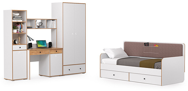 Вуди Компоновка № 36, цвет белый премиум/дуб крафт золотой/саванна латте, сп. м. 900х2000 мм., б/м, основание есть, матрас высотой до 200 мм.