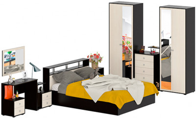 Камелия спальня № 3 Кровать 1600 + Две тумбы + Стол косметич. + Зеркало + Комод + Шкаф 4-х, цвет венге/дуб лоредо, сп.м. 1600х2000 мм., б/м, осн. есть