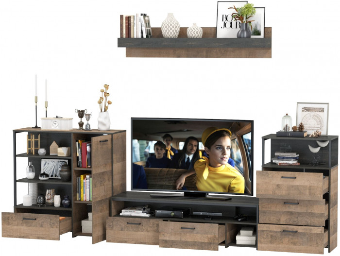 Трувор Гостиная 012, цвет дуб гранж песочный/интра, ШхГхВ 324,8х45,4х195 см., универсальная сборка