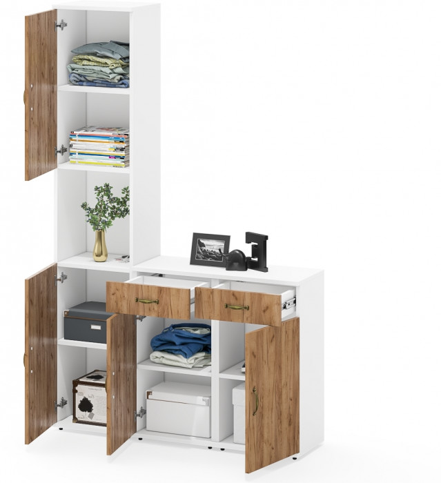 Лидер-8 Пенал + Тумба МД 3.15 + Тумба МД 3.15, цвет белый шагрень/крафт золото, ШхГхВ 120х30х190 см., универсальная сборка